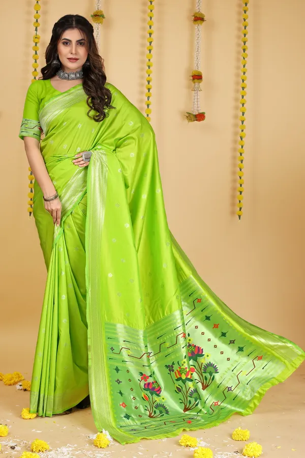 Parrot_Green_Paithani_Silk_Saree_Crafted_with_Perfection_With_Blouse_Piece_Attached